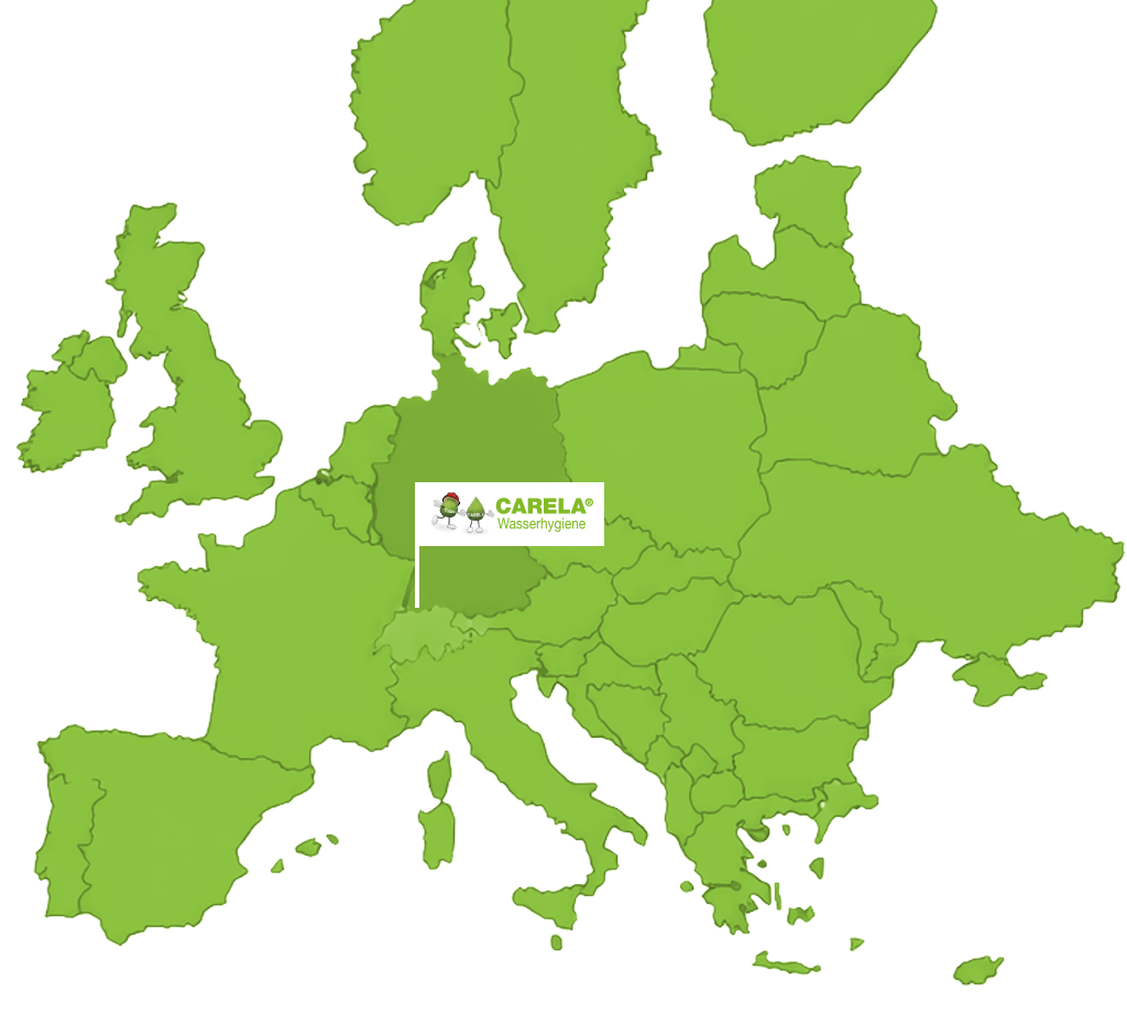 Europakarte CARELA Fähnchen_größßerV2 Europakarte mit hervorgehobener zentraler Lage von CARELA im Dreiländereck Deutschland, Frankreich und Schweiz